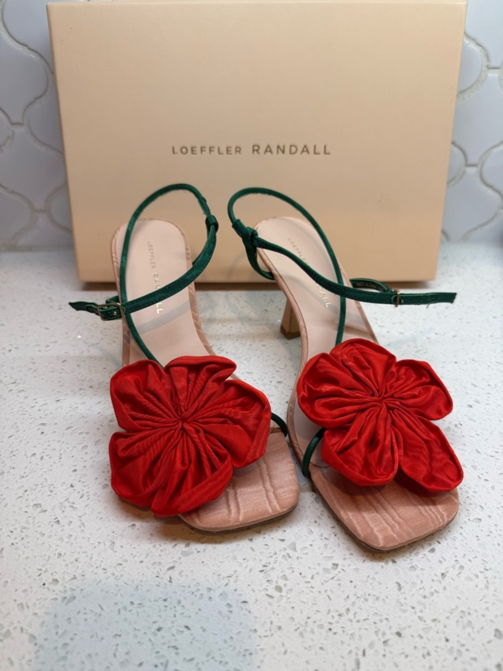 Loeffler Randall Red Floral Applique Sling Heels with Green Straps